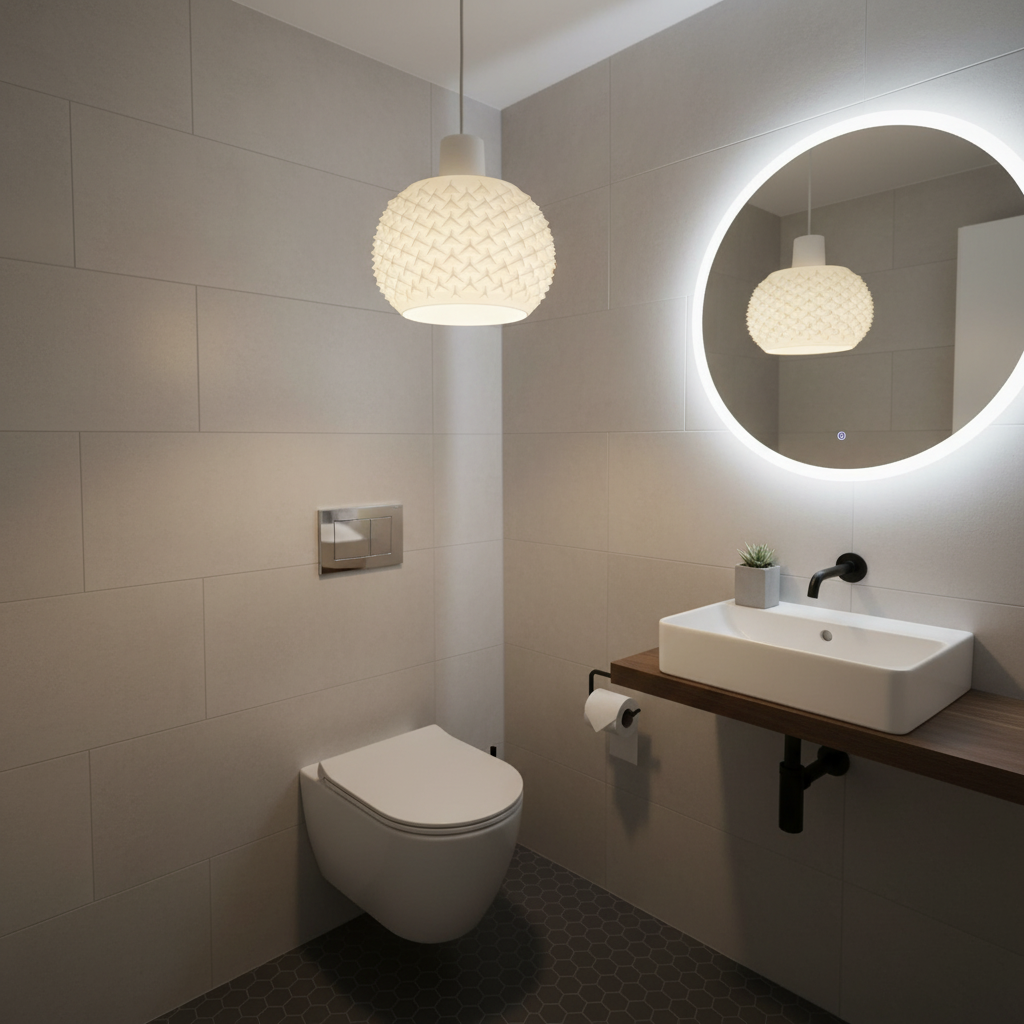 White pendant lamp hanging in a compact bathroom with round illuminated mirror and wall-mounted sink.