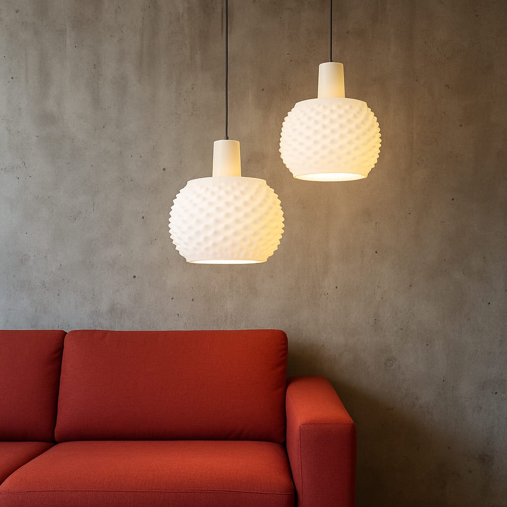 Two textured pendant lights hanging above a red sofa against a concrete wall.