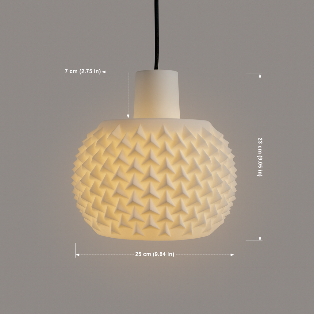 White textured pendant light with dimensions on a gray background