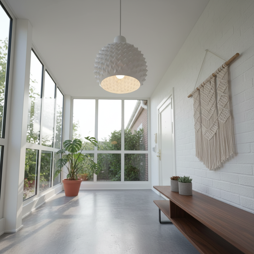 Modern white pendant lamp hanging in a bright hallway with large windows and indoor plants.
