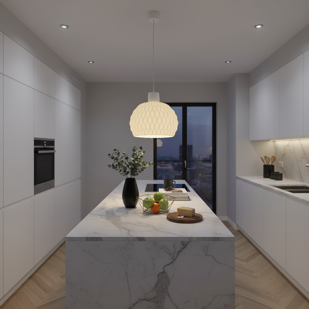 Modern kitchen with marble island and pendant light