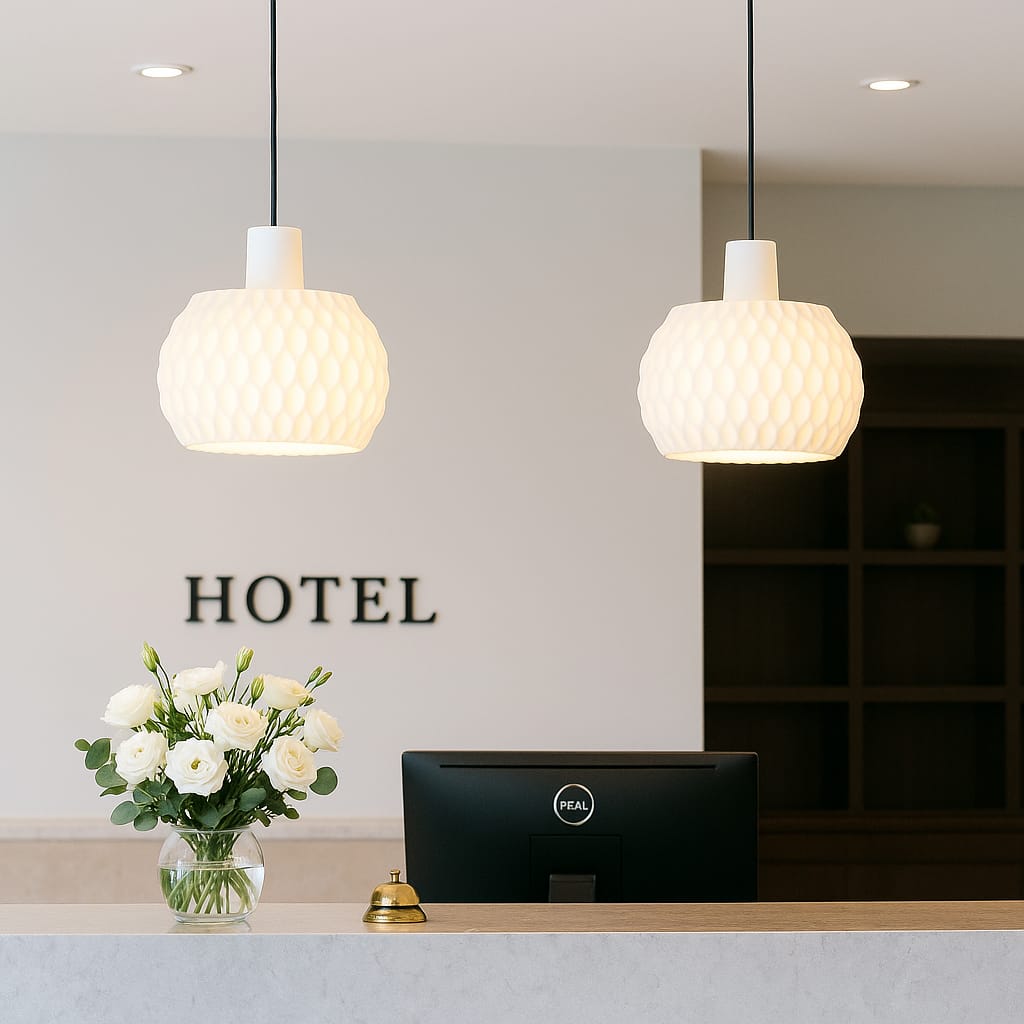 Hotel reception desk with flowers, computer monitor, and bell on a counter.