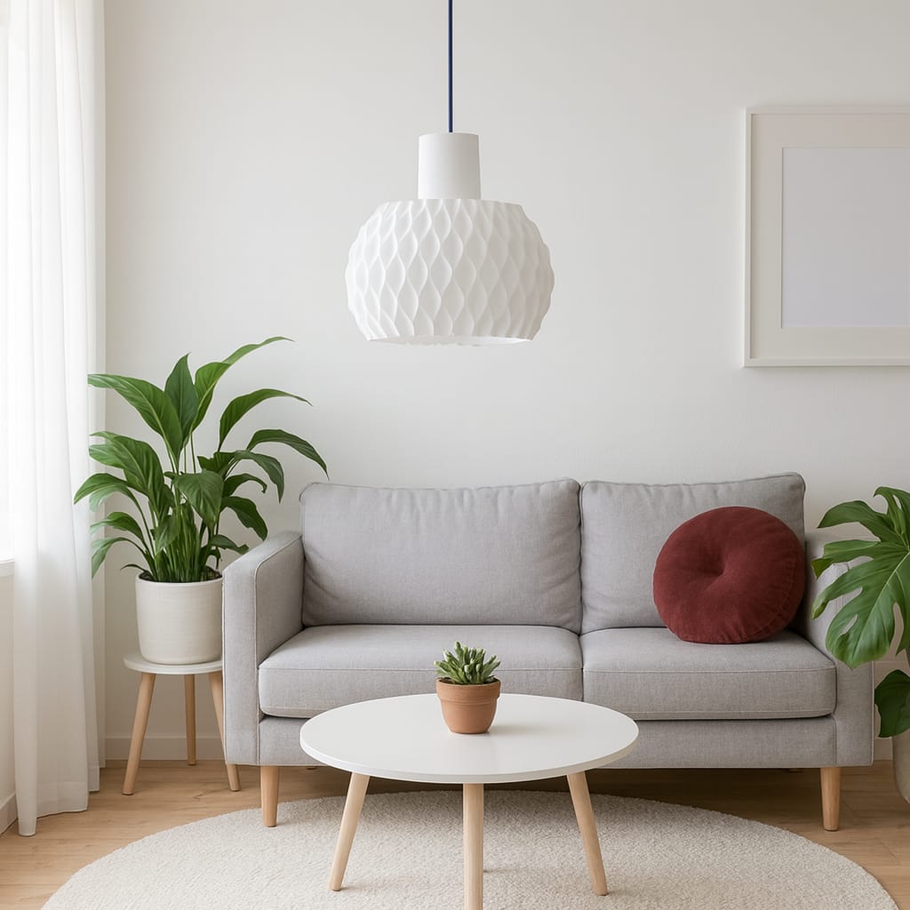 Modern living room with gray sofa, white coffee table, and decorative plants.