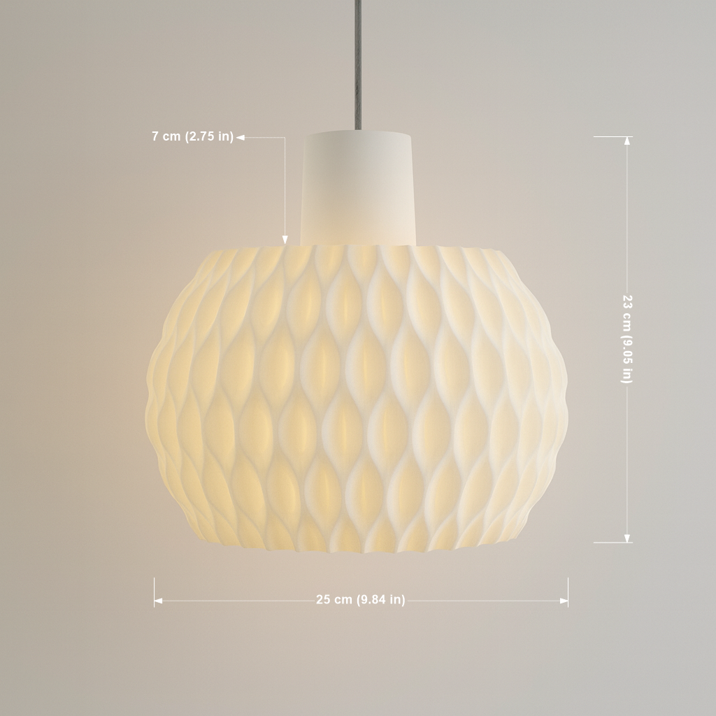White pendant light with geometric pattern and dimensions on a gray background