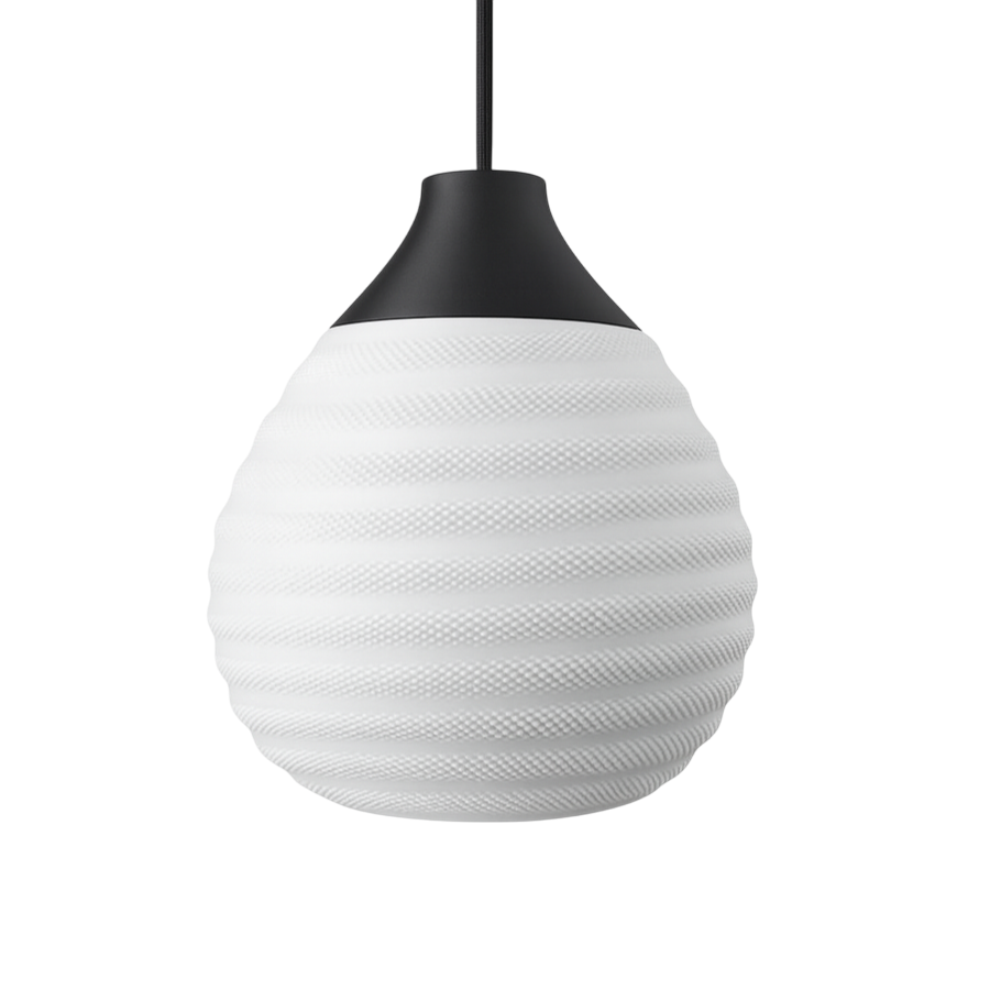 White textured pendant light with black fixture on a white background