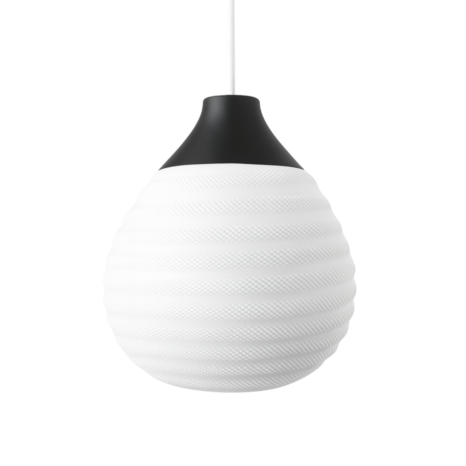 Pendant light with white shade and black canopy on a white background