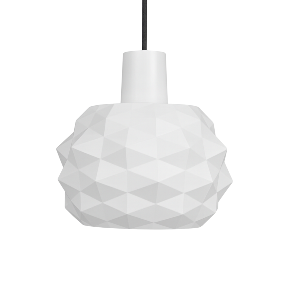 White geometric pendant light on a white background