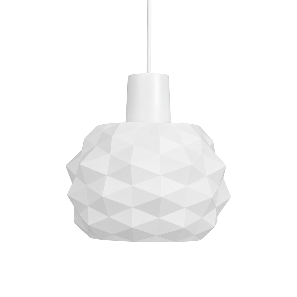 White geometric pendant light on a white background