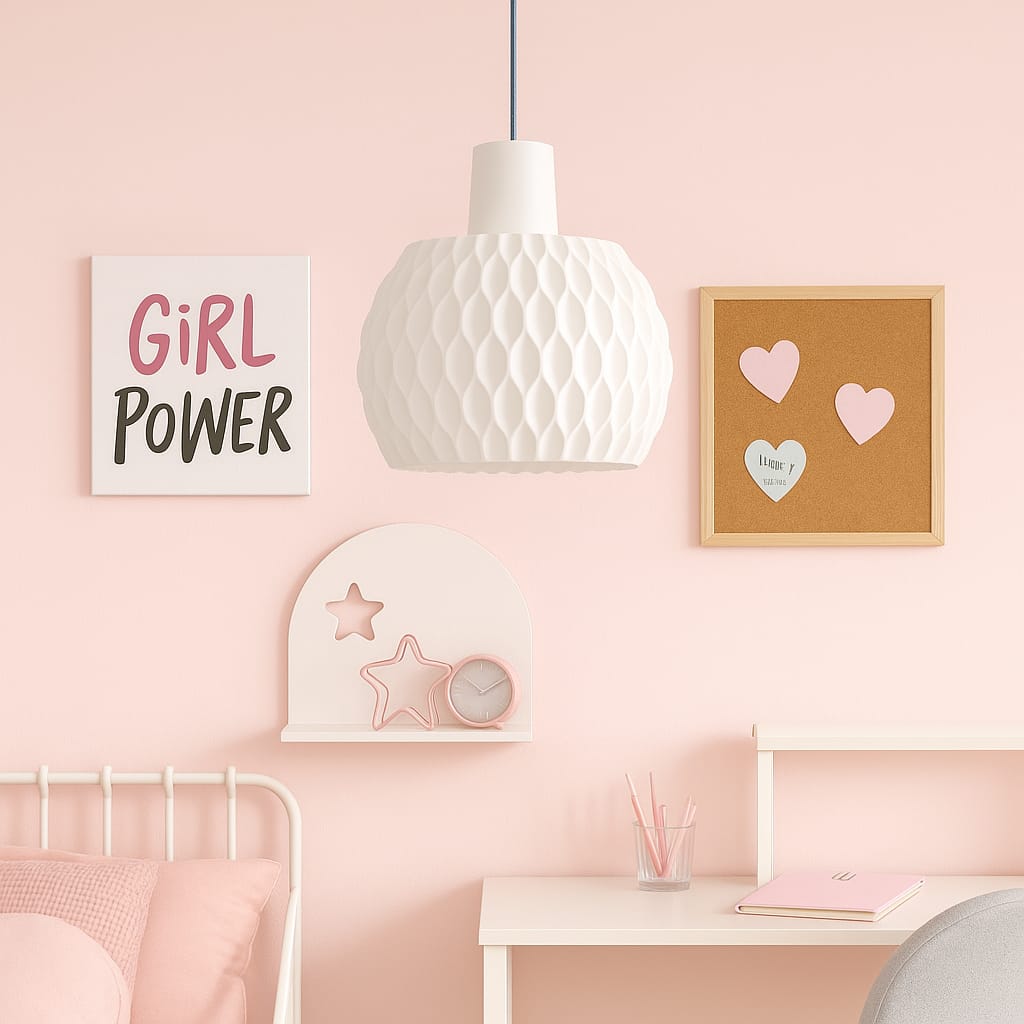 Pink bedroom with decorative elements and a 'Girl Power' poster.