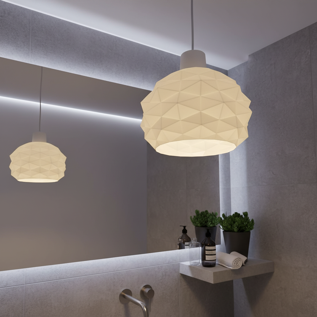 Geometric pendant light with a faceted white shade hanging above a modern bathroom sink with mirror and plants.