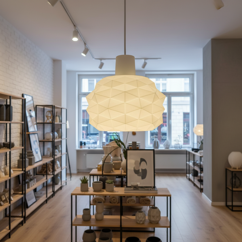 White geometric pendant lamp displayed in a modern interior showroom with wooden shelves and home decor.
