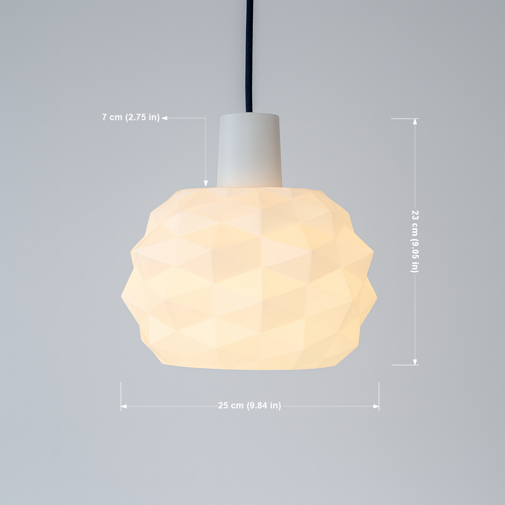 Pendant light with geometric glass shade and dimensions on a gray background