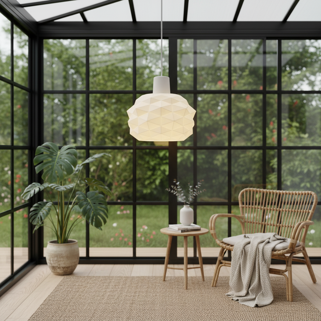 White faceted pendant light in a sunroom with black-framed glass walls, rattan chair, and indoor plants.