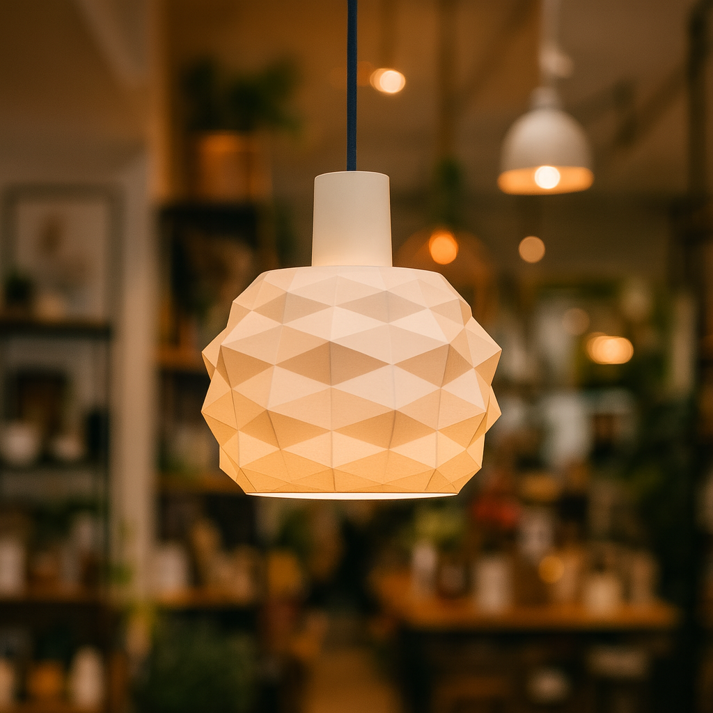 Geometric pendant light in a softly blurred indoor setting