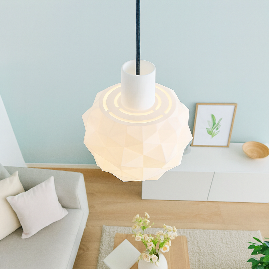 Modern pendant light in a living room setting with a neutral color palette.