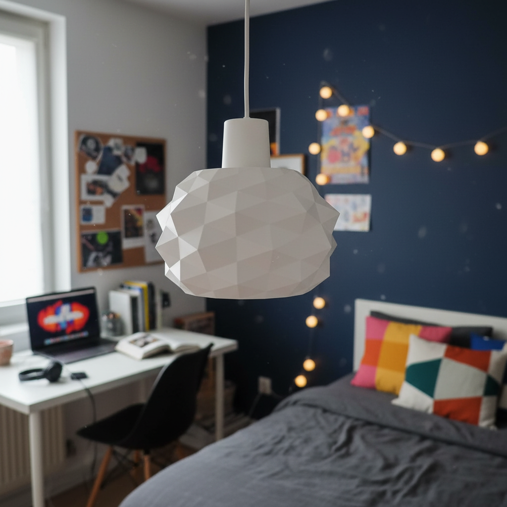 White geometric pendant light hanging in a cozy bedroom with desk, wall art, and soft ambient lighting.