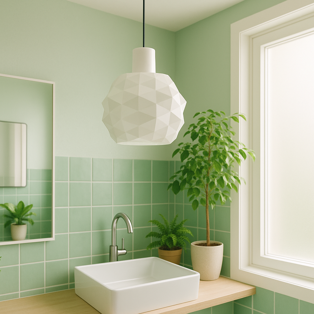 Modern bathroom with green tiled walls, white sink, and decorative plants.