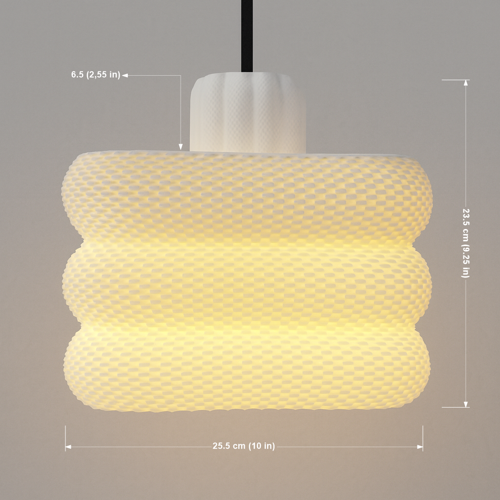 Pendant light with textured design and measurements on a gray background