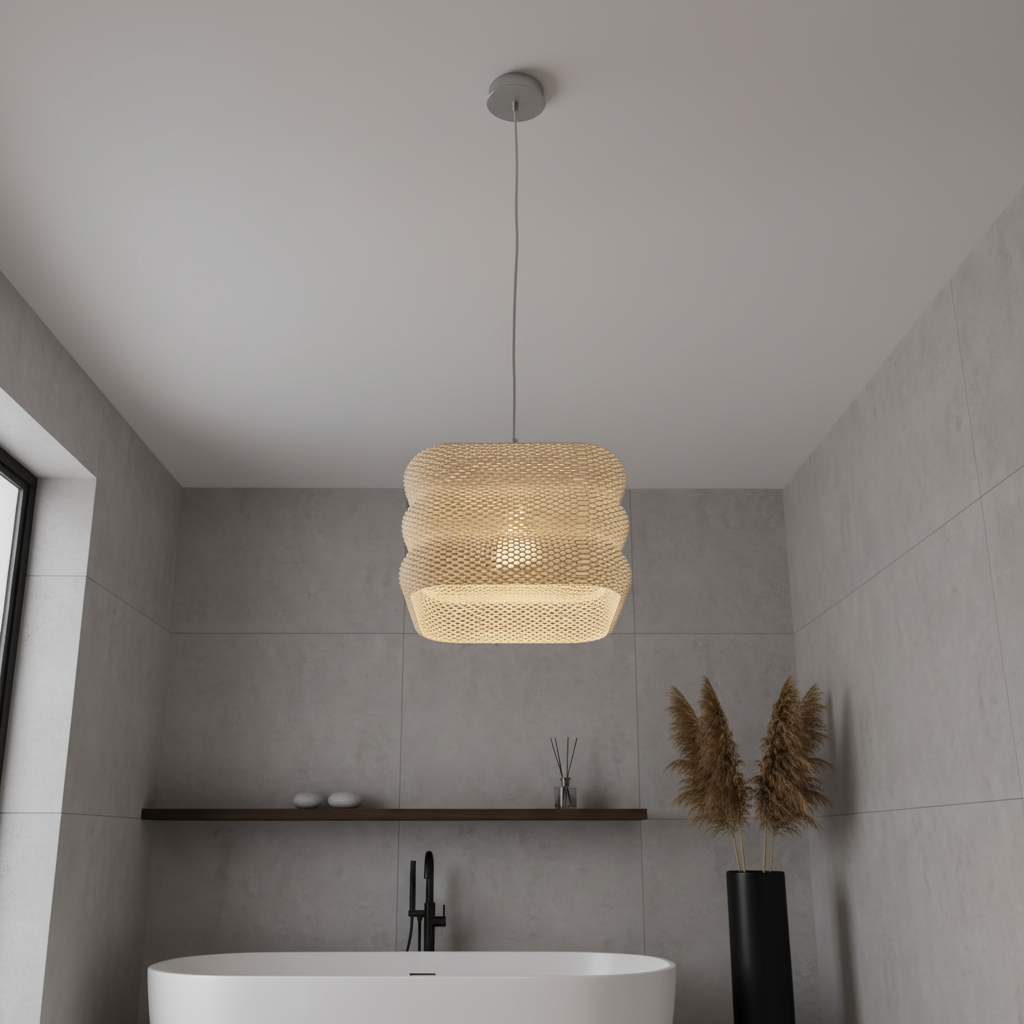 Sculptural pendant lamp with layered fabric texture in a neutral modern living space