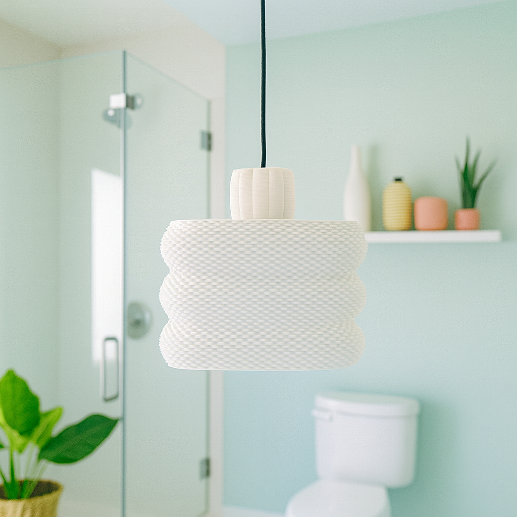 White textured pendant light in a room with a glass door and plants.
