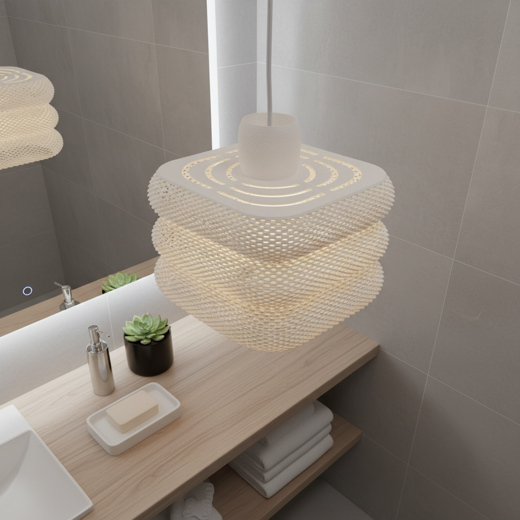 Elegant ceiling pendant light with soft diffused glow above a minimalist bathroom area