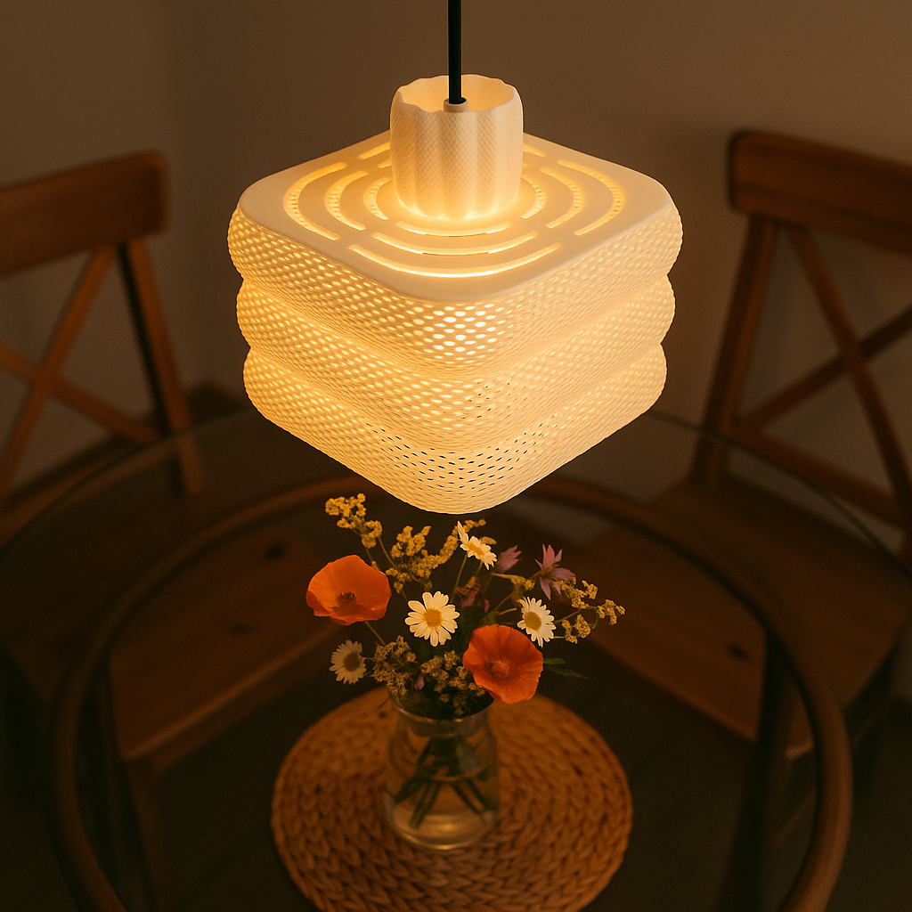 Textured pendant light fixture casting a warm glow on a table with flowers.