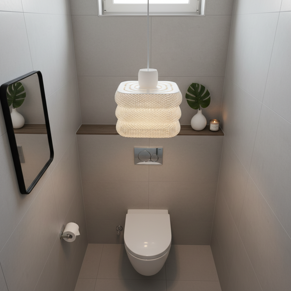 Modern pendant lamp with organic layered design hanging in a restroom