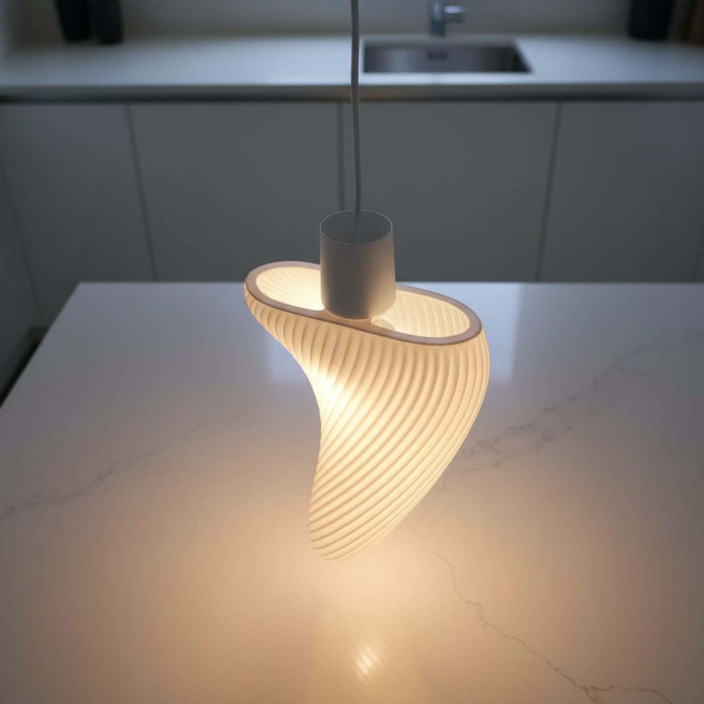 Close-up of a contemporary spiral pendant lamp emitting warm light above a kitchen island.