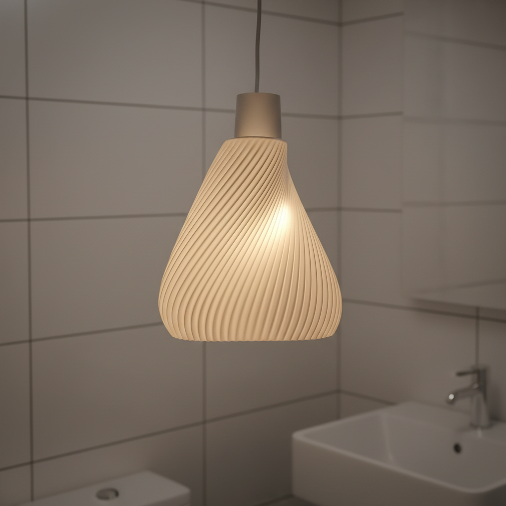 Warm glowing ribbed pendant lamp hanging in a modern bathroom with tiled walls.