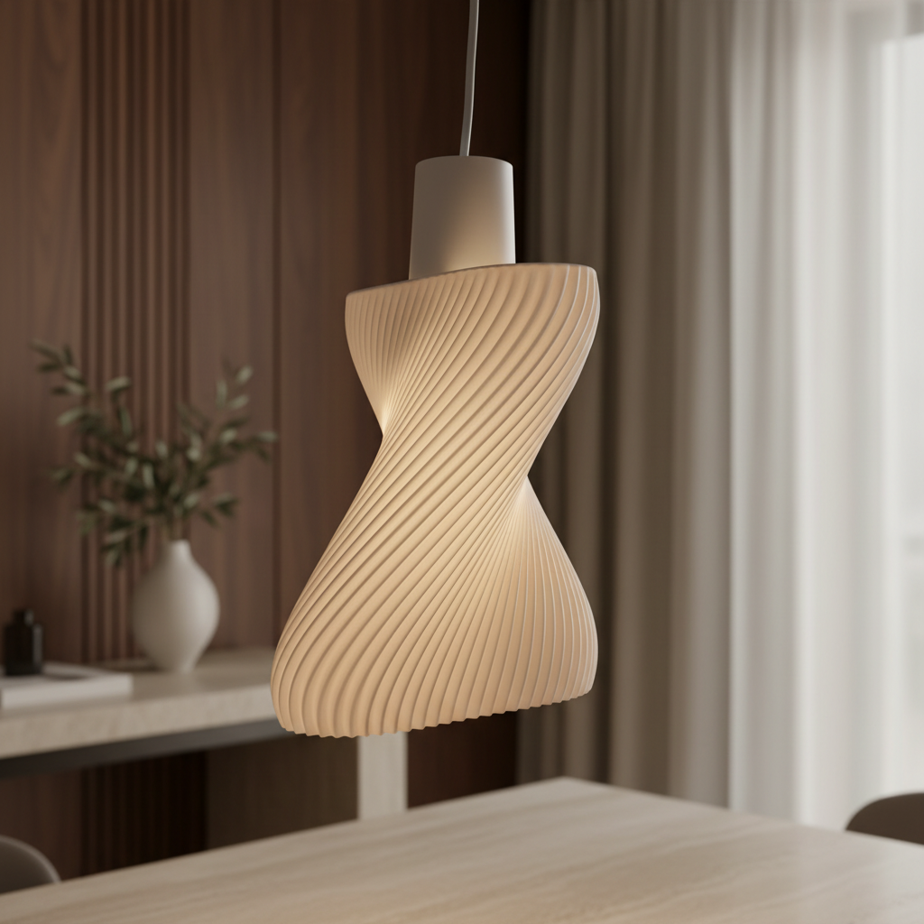 Warm glowing spiral ribbed pendant lamp hanging above a dining table in a modern interior with wood paneling and soft curtains.