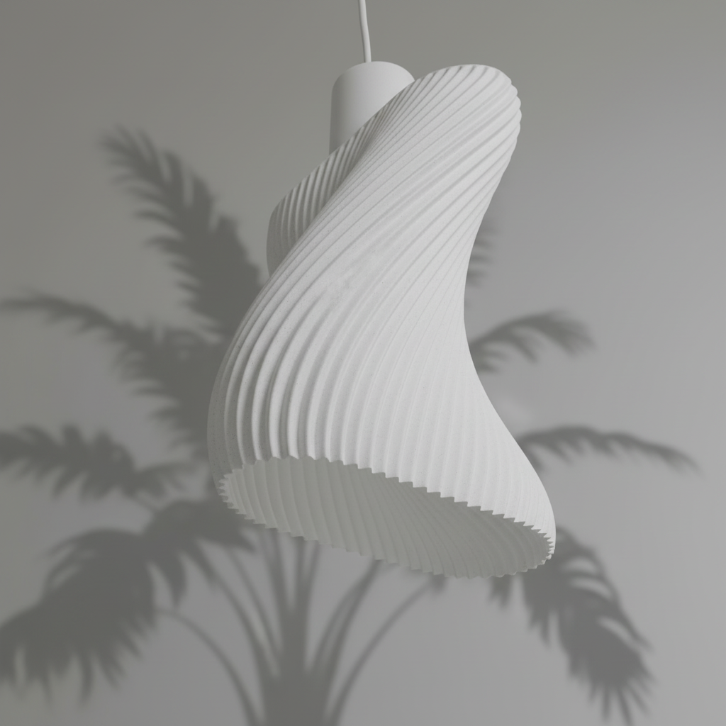 White textured pendant light against a gray wall with plant shadows