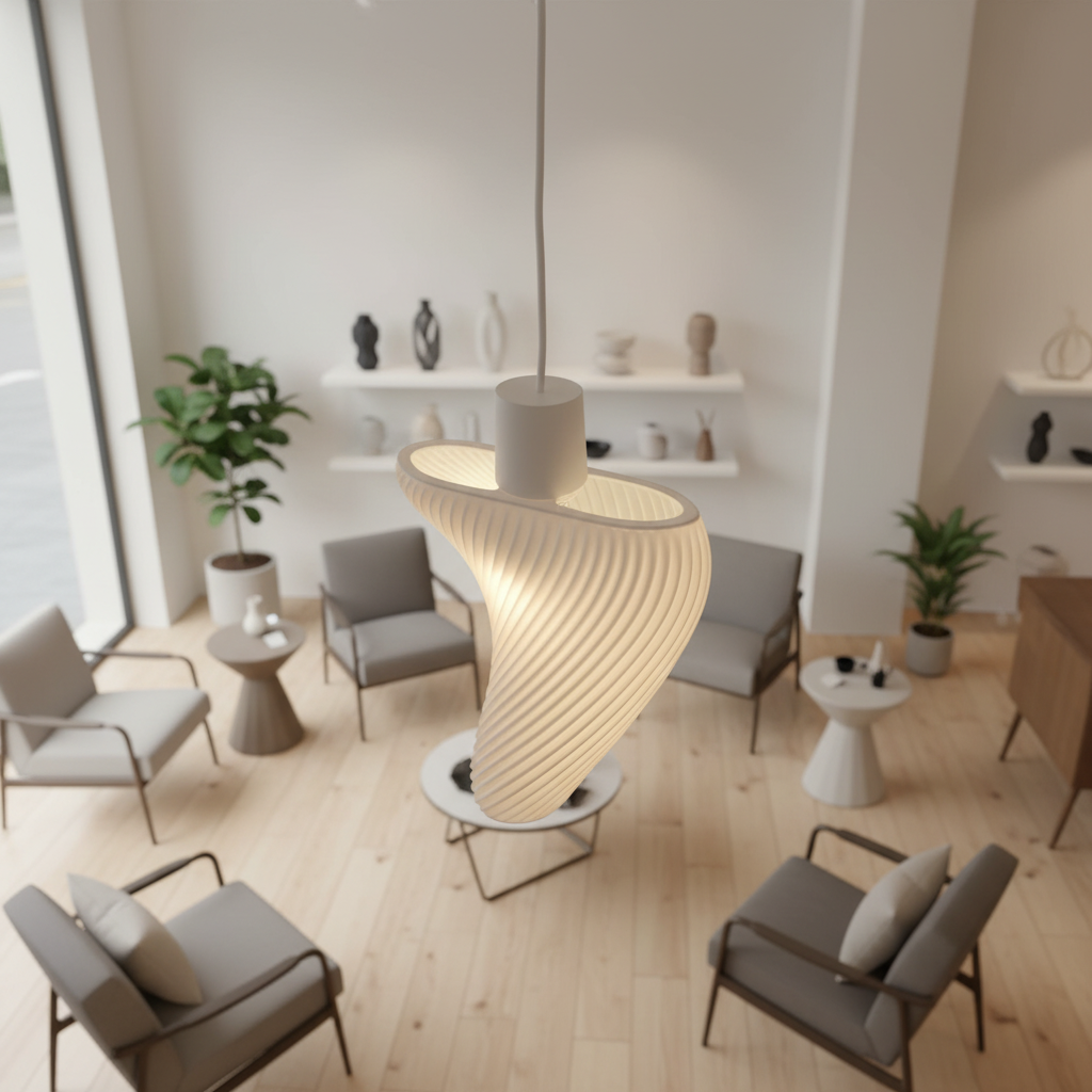 Modern sculptural pendant light with a twisted ribbed shade hanging in a minimalist living room setting.
