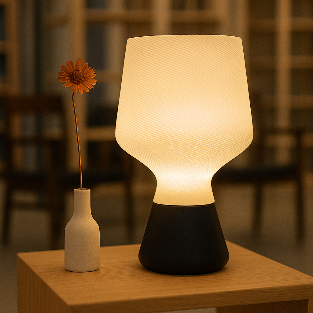 Lamp with a textured shade and black base on a wooden surface, with a blurred background.