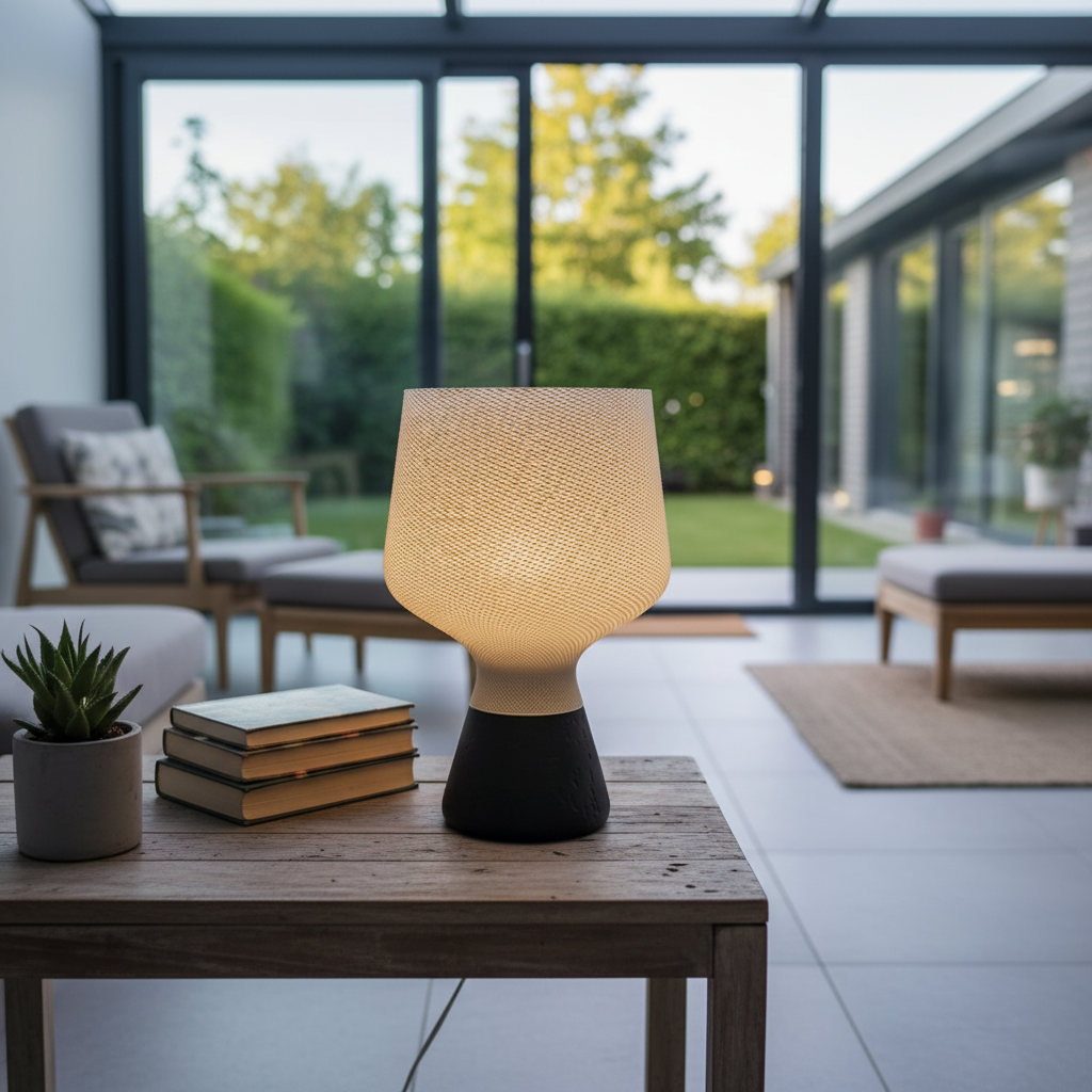 Modern table lamp on a wooden table with a garden view