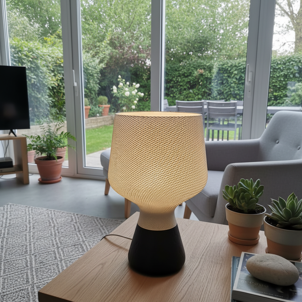 Lamp on a table with a view of a garden through large windows