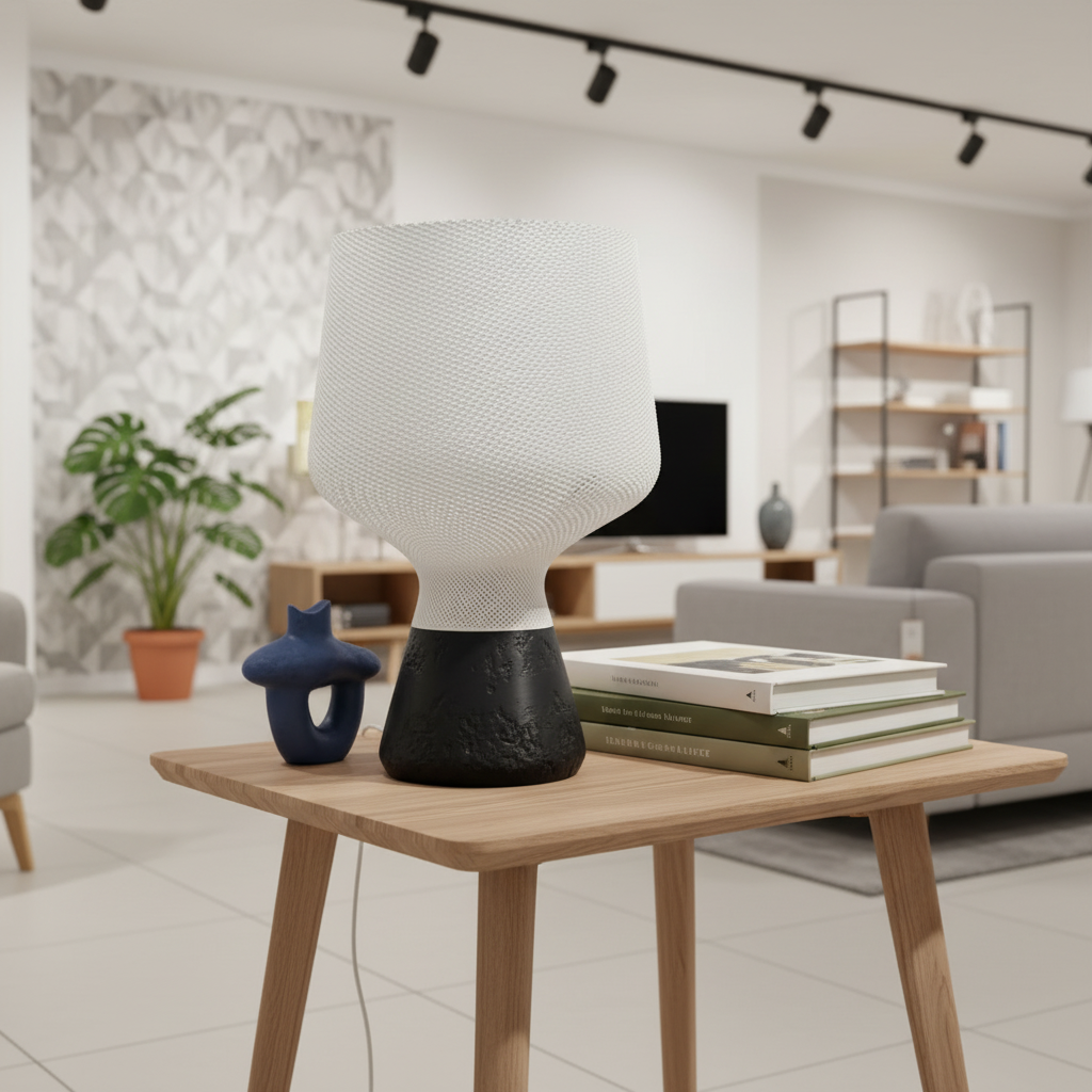 Modern interior with a table lamp on a wooden table, books, and decorative items.