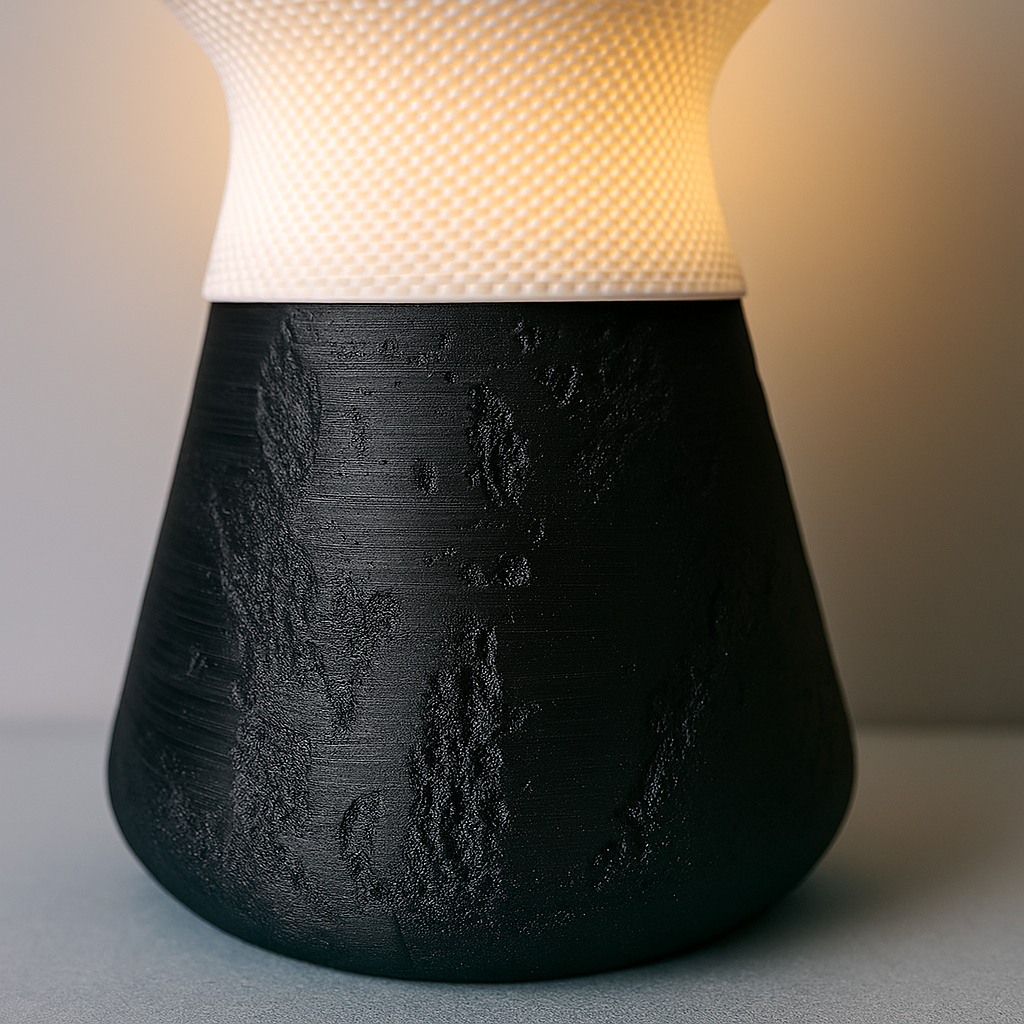 Black textured lamp with a soft glow on a neutral background