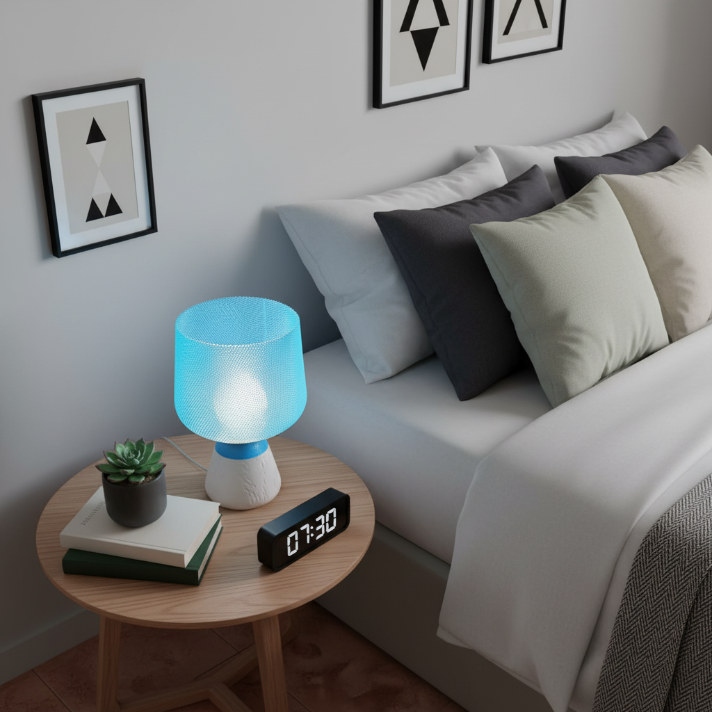 Modern bedroom with a nightstand, lamp, and digital clock.