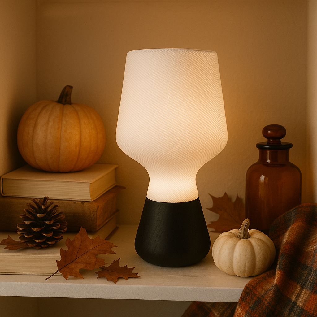 Lamp on a shelf with pumpkins, books, and leaves in a warm setting