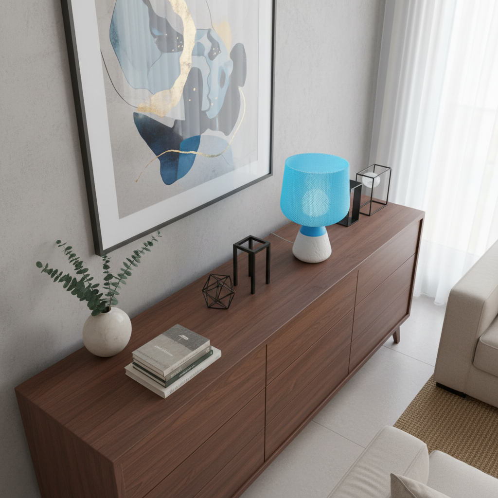 Wooden sideboard with a table lamp in a living room setting
