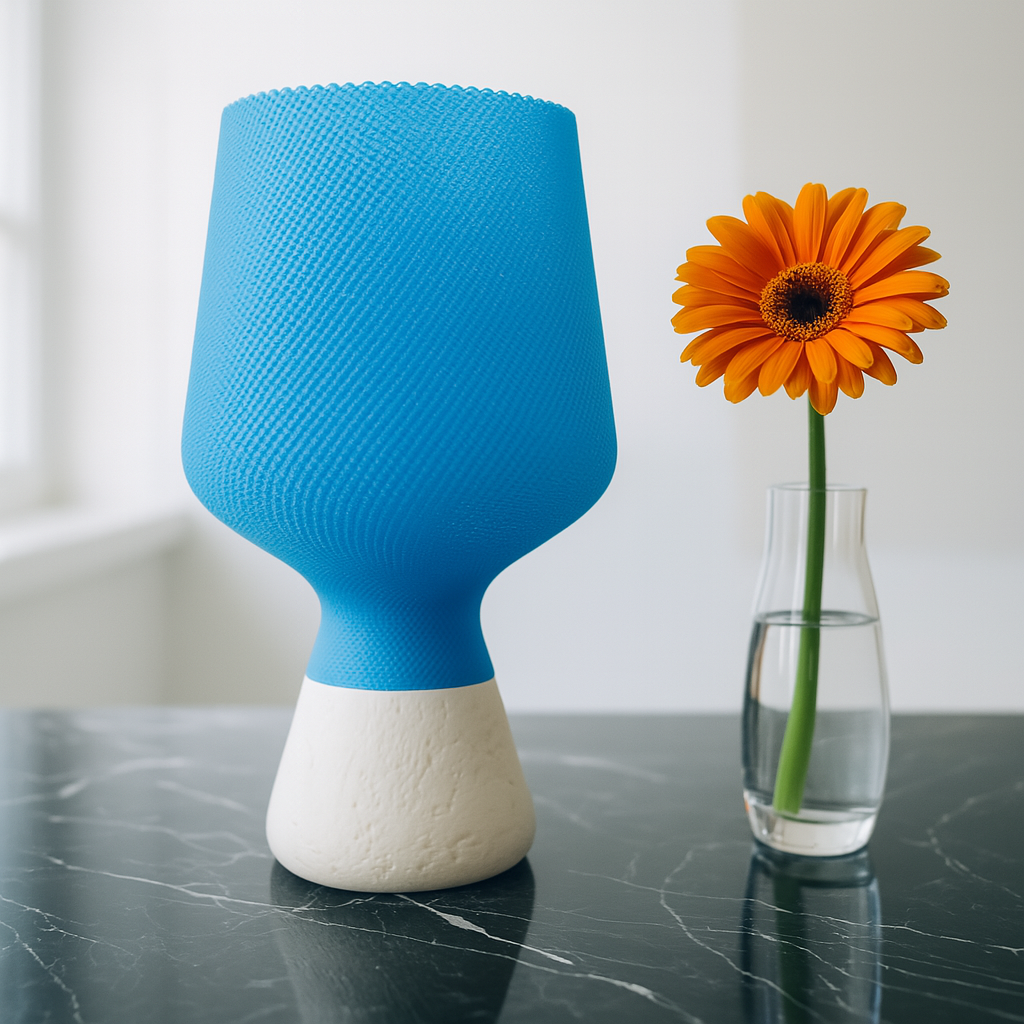 Blue textured lamp with a white base on a dark surface, next to an orange flower in a clear vase.