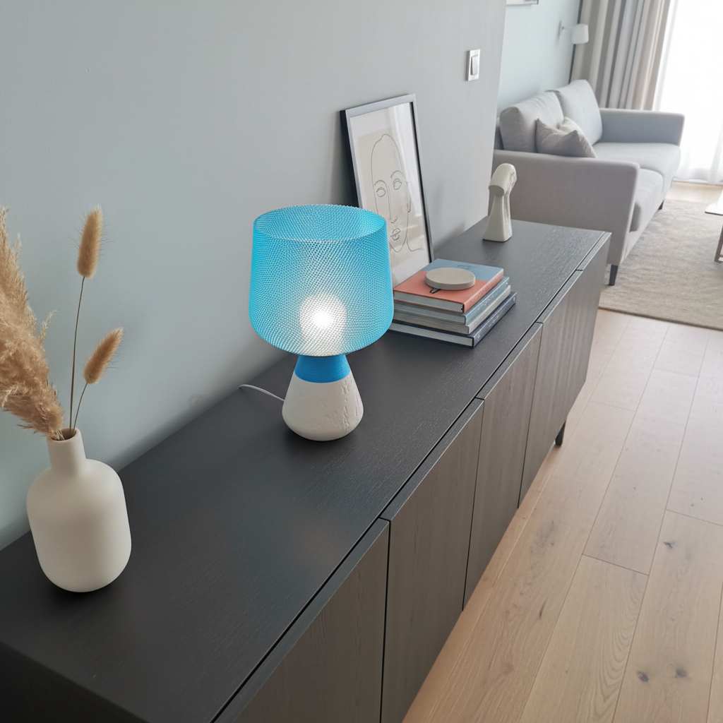 Blue textured lamp with a white base on a dark surface, next to an orange flower in a clear vase.