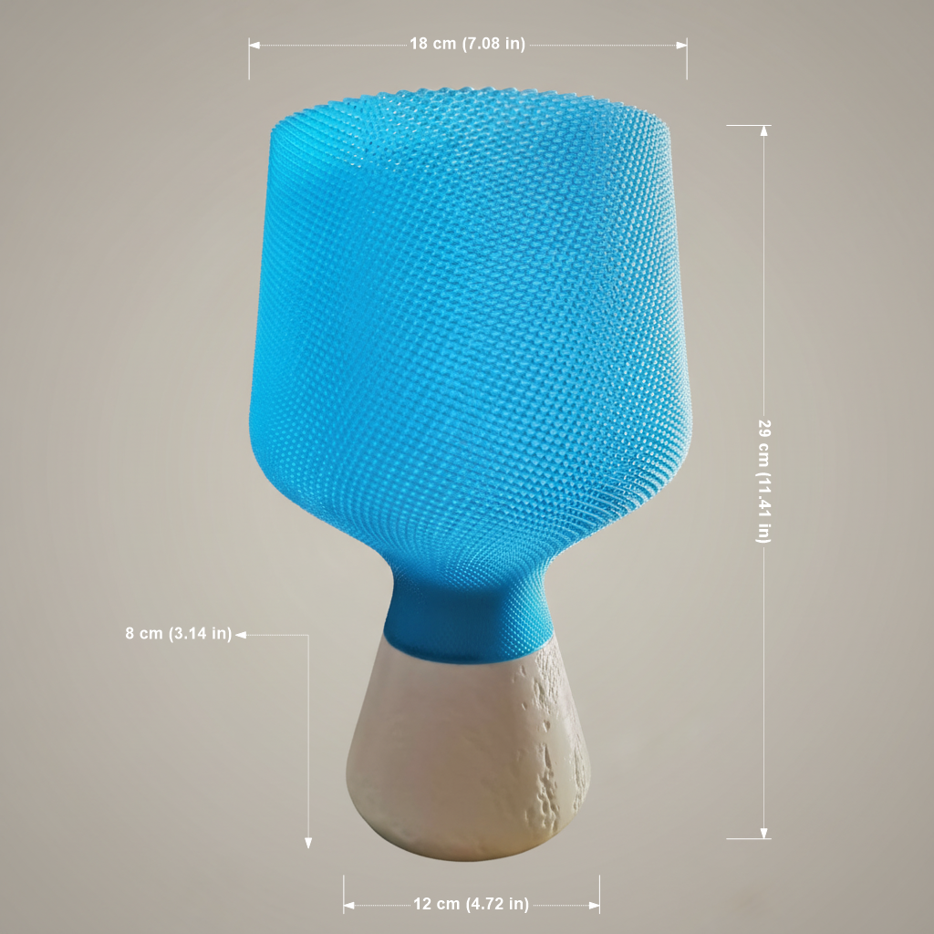 Blue Table Lamp with white base and dimensions on a gray background