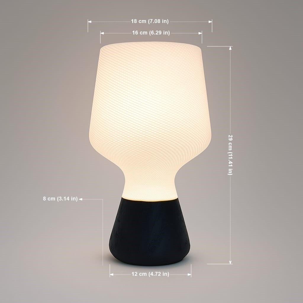 Table lamp with dimensions indicated on a gray background
