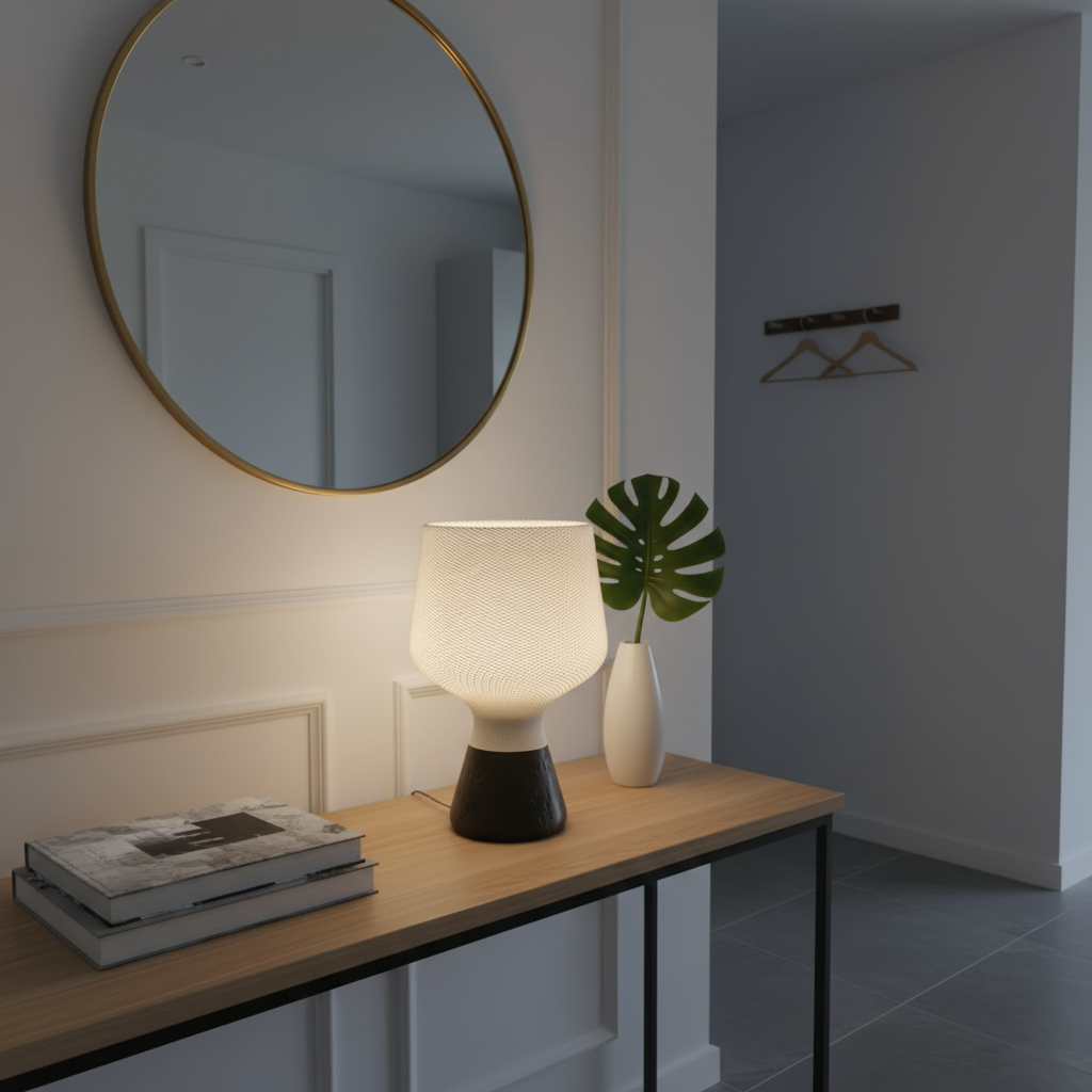 Modern interior with a round mirror, table lamp, and plant on a wooden console.