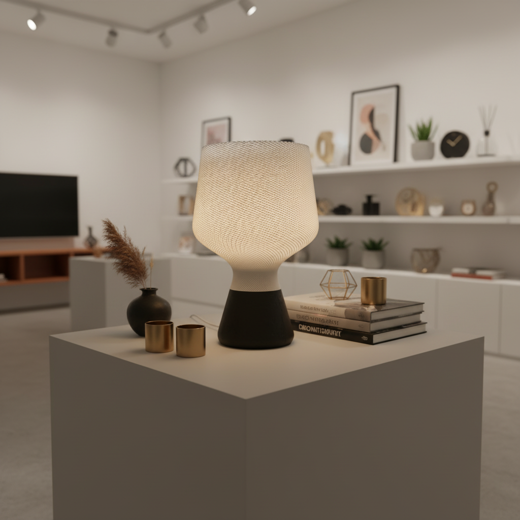 Modern interior with a table lamp on a white surface, books, and decorative items.