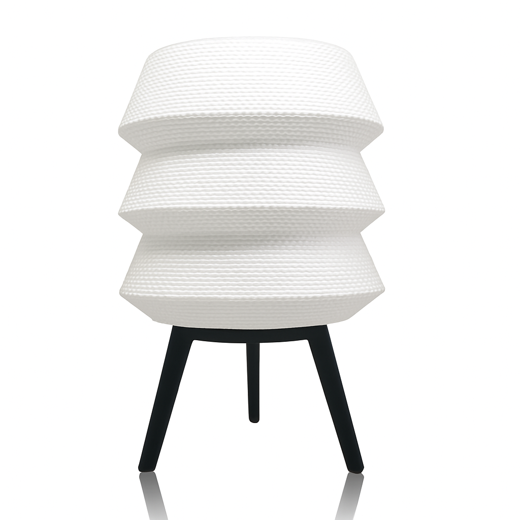 White textured table lamp with black base on a white background