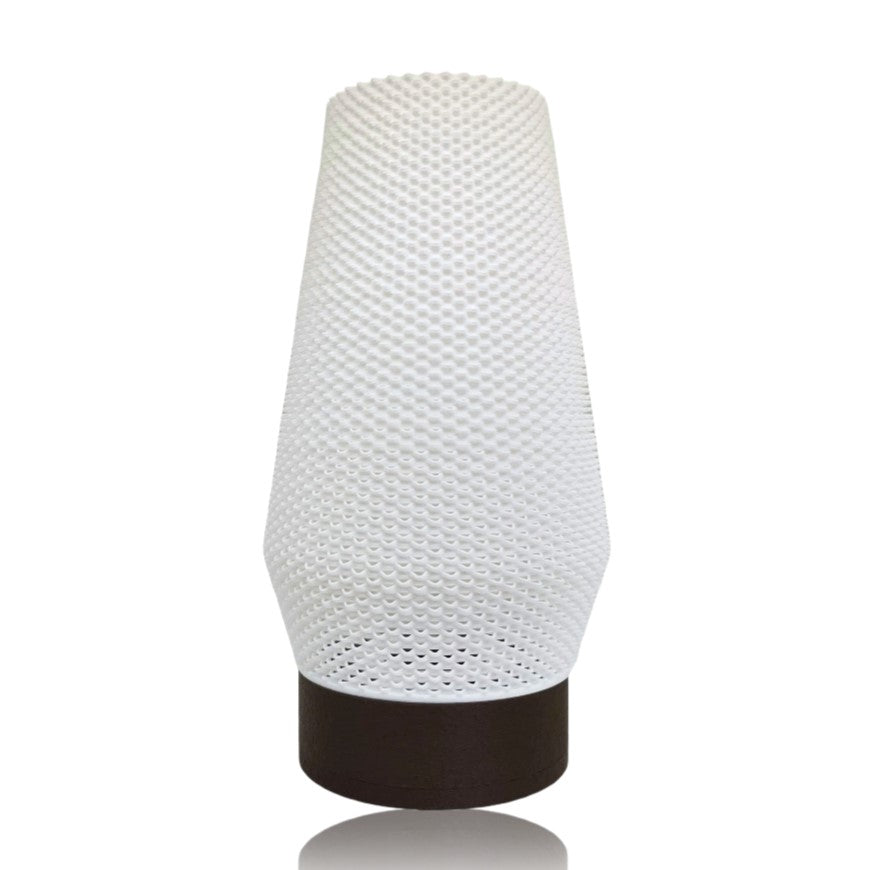 White textured table lamp with a brown base on a white background