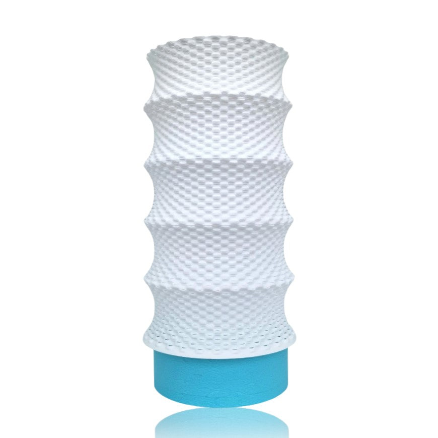 White table lamp with blue base on a white background