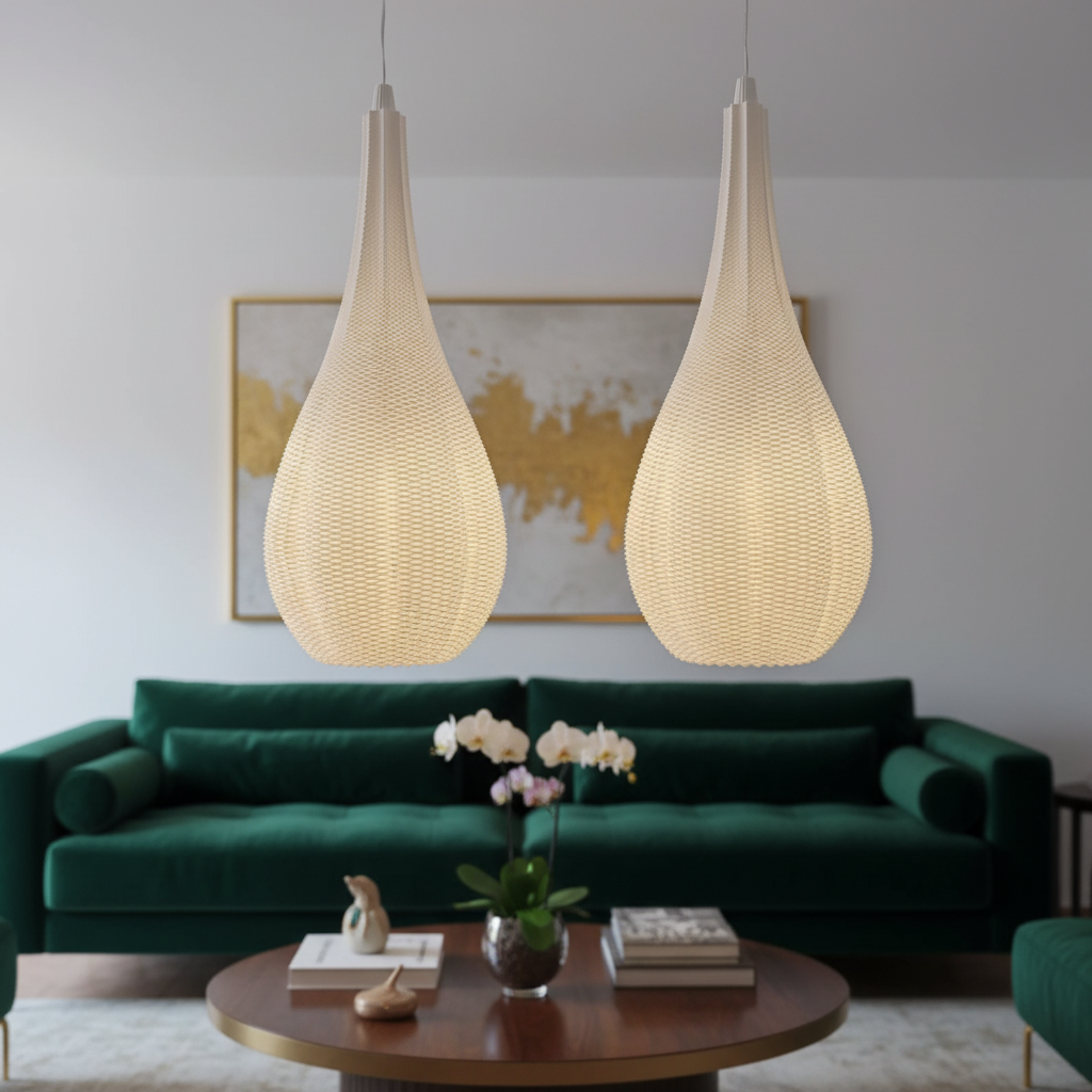 Two teardrop-shaped woven pendant lights hanging above a green sofa in a modern living room, creating warm ambient lighting.